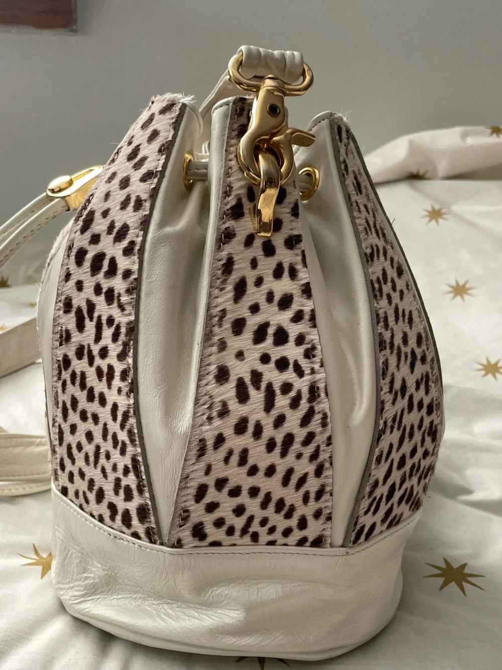 Vintage White & Leopard Pony Hair Leather Drawstring Bucket Bag